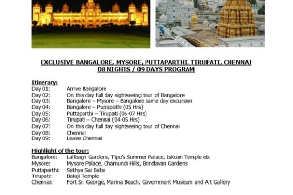 Exclusive Bangalore, Mysore, Puttaparthi, Tirupati & Chennai Tour